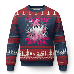 Breast Cancer Awareness Ugly Christmas Sweater In October We Wear Pink Ghost TS02 Navy Red Print Your Wear