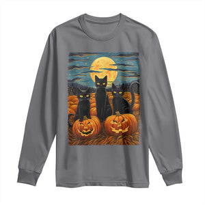 Black Cat Halloween Long Sleeve Shirt Starry Night Van Gogh Inspo TS02 Charcoal Print Your Wear