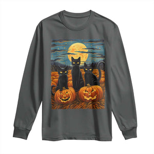 Black Cat Halloween Long Sleeve Shirt Starry Night Van Gogh Inspo TS02 Dark Heather Print Your Wear