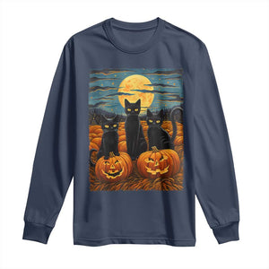 Black Cat Halloween Long Sleeve Shirt Starry Night Van Gogh Inspo TS02 Navy Print Your Wear