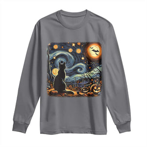 Black Cat Halloween Long Sleeve Shirt Starry Night Lover Van Gogh Inspo TS02 Charcoal Print Your Wear