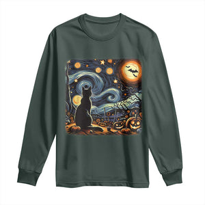 Black Cat Halloween Long Sleeve Shirt Starry Night Lover Van Gogh Inspo TS02 Dark Forest Green Print Your Wear