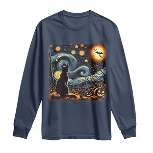Black Cat Halloween Long Sleeve Shirt Starry Night Lover Van Gogh Inspo TS02 Navy Print Your Wear
