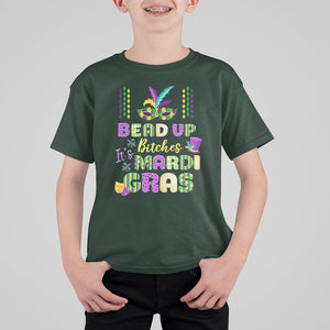 Funny Mardi Gras T Shirt For Kid Bead Up Bitches Festival Carnival Parade TS02 Dark Forest Green Printyourwear