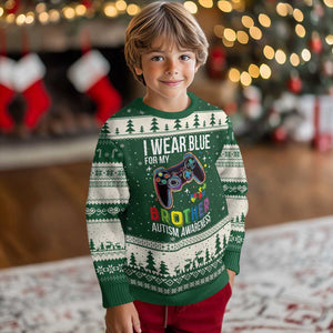 Autism Awareness Gamer Ugly Christmas Sweater I Wear Blue for My Brother Video Game Family Support TS02 Forest Green Beige Print Your Wear