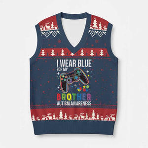 Autism Awareness Gamer V-Neck Knit Sweater Vest I Wear Blue for My Brother Video Game Family Support TS02 Navy Red Print Your Wear