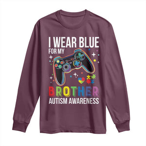 Autism Awareness Gamer Long Sleeve Shirt I Wear Blue for My Brother Video Game Family Support TS02 Maroon Print Your Wear
