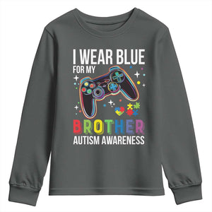Autism Awareness Gamer Youth Sweatshirt I Wear Blue for My Brother Video Game Family Support TS02 Dark Heather Print Your Wear