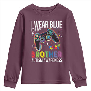 Autism Awareness Gamer Youth Sweatshirt I Wear Blue for My Brother Video Game Family Support TS02 Maroon Print Your Wear