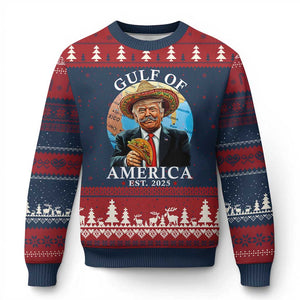 Funny Trump Gulf Of USA Ugly Christmas Sweater Mexico Sombrebro Tacos US 2025 TS02 Navy Red Print Your Wear