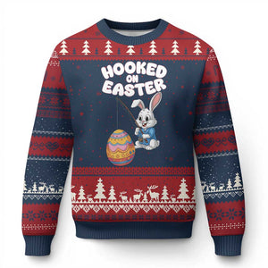 Cute Bunny Fishing Ugly Christmas Sweater Hooked for Easter Eggs Funny Holiday TS02 Navy Red Print Your Wear