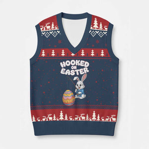 Cute Bunny Fishing V-Neck Knit Sweater Vest Hooked for Easter Eggs Funny Holiday TS02 Navy Red Print Your Wear