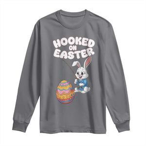 Cute Bunny Fishing Long Sleeve Shirt Hooked for Easter Eggs Funny Holiday TS02 Charcoal Print Your Wear