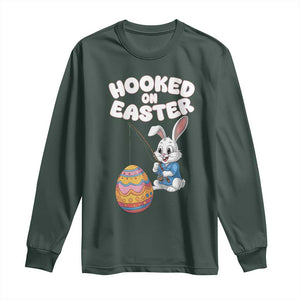 Cute Bunny Fishing Long Sleeve Shirt Hooked for Easter Eggs Funny Holiday TS02 Dark Forest Green Print Your Wear