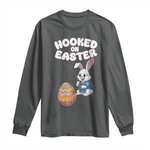 Cute Bunny Fishing Long Sleeve Shirt Hooked for Easter Eggs Funny Holiday TS02 Dark Heather Print Your Wear