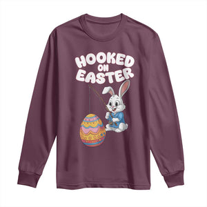 Cute Bunny Fishing Long Sleeve Shirt Hooked for Easter Eggs Funny Holiday TS02 Maroon Print Your Wear