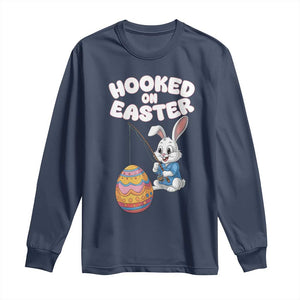 Cute Bunny Fishing Long Sleeve Shirt Hooked for Easter Eggs Funny Holiday TS02 Navy Print Your Wear