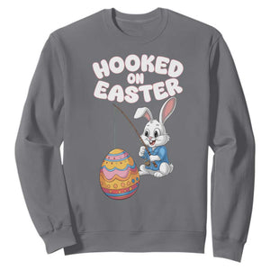Cute Bunny Fishing Sweatshirt Hooked for Easter Eggs Funny Holiday TS02 Charcoal Print Your Wear