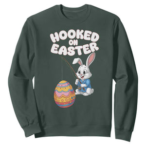 Cute Bunny Fishing Sweatshirt Hooked for Easter Eggs Funny Holiday TS02 Dark Forest Green Print Your Wear