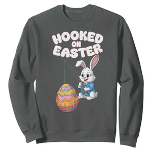 Cute Bunny Fishing Sweatshirt Hooked for Easter Eggs Funny Holiday TS02 Dark Heather Print Your Wear