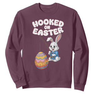 Cute Bunny Fishing Sweatshirt Hooked for Easter Eggs Funny Holiday TS02 Maroon Print Your Wear
