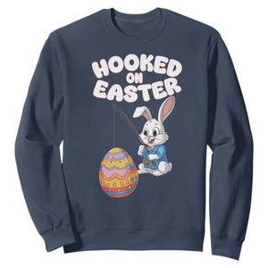 Cute Bunny Fishing Sweatshirt Hooked for Easter Eggs Funny Holiday TS02 Navy Print Your Wear