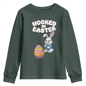 Cute Bunny Fishing Youth Sweatshirt Hooked for Easter Eggs Funny Holiday TS02 Dark Forest Green Print Your Wear