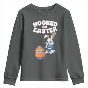 Cute Bunny Fishing Youth Sweatshirt Hooked for Easter Eggs Funny Holiday TS02 Dark Heather Print Your Wear
