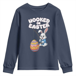 Cute Bunny Fishing Youth Sweatshirt Hooked for Easter Eggs Funny Holiday TS02 Navy Print Your Wear