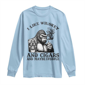 I Like Whiskey and Cigars and Maybe 3 People Long Sleeve Shirt Funny Bigfoot Drinking and Cigarette Anti-Social Humor TS02 Light Blue Print Your Wear