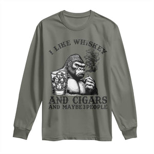 I Like Whiskey and Cigars and Maybe 3 People Long Sleeve Shirt Funny Bigfoot Drinking and Cigarette Anti-Social Humor TS02 Military Green Print Your Wear