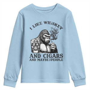 I Like Whiskey and Cigars and Maybe 3 People Youth Sweatshirt Funny Bigfoot Drinking and Cigarette Anti-Social Humor TS02 Light Blue Print Your Wear