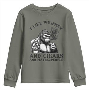 I Like Whiskey and Cigars and Maybe 3 People Youth Sweatshirt Funny Bigfoot Drinking and Cigarette Anti-Social Humor TS02 Military Green Print Your Wear