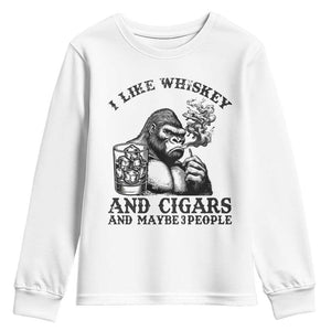 I Like Whiskey and Cigars and Maybe 3 People Youth Sweatshirt Funny Bigfoot Drinking and Cigarette Anti-Social Humor TS02 White Print Your Wear