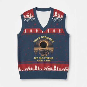 Hello Darkness My Old Friend August 12 2026 V-Neck Knit Sweater Vest Total Solar Eclipse Humorous Astronomy Gift TS02 Navy Red Print Your Wear