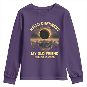 Hello Darkness My Old Friend August 12 2026 Youth Sweatshirt Total Solar Eclipse Humorous Astronomy Gift TS02 Purple Print Your Wear