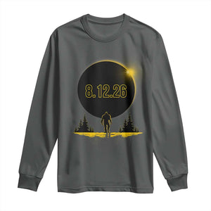 Bigfoot August 12 2026 Total Solar Eclipse Long Sleeve Shirt Totality Sasquatch Cryptid Stargazer Memorabilia TS02 Dark Heather Print Your Wear