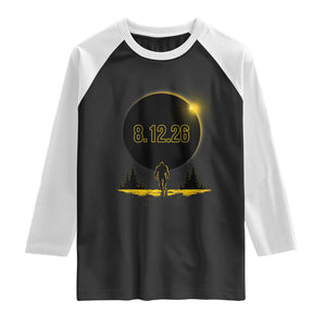 Bigfoot August 12 2026 Total Solar Eclipse Raglan Shirt Totality Sasquatch Cryptid Stargazer Memorabilia TS02 Black White Print Your Wear
