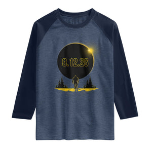 Bigfoot August 12 2026 Total Solar Eclipse Raglan Shirt Totality Sasquatch Cryptid Stargazer Memorabilia TS02 Heather Denim Navy Print Your Wear
