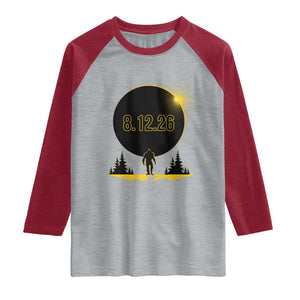 Bigfoot August 12 2026 Total Solar Eclipse Raglan Shirt Totality Sasquatch Cryptid Stargazer Memorabilia TS02 Heather Gray Heather Red Print Your Wear
