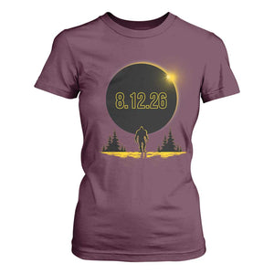 Bigfoot August 12 2026 Total Solar Eclipse T Shirt For Women Totality Sasquatch Cryptid Stargazer Memorabilia TS02 Maroon Print Your Wear