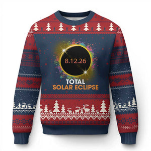Colorful Paint Splatter 2026 Total Solar Eclipse Totality Astronomy Ugly Christmas Sweater TS02 Navy Red Print Your Wear