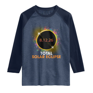 Colorful Paint Splatter 2026 Total Solar Eclipse Totality Astronomy Raglan Shirt TS02 Heather Denim Navy Print Your Wear