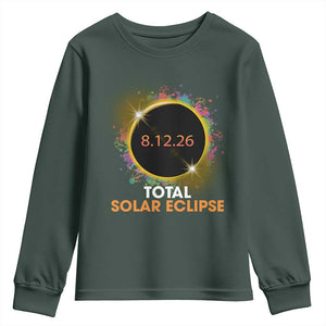 Colorful Paint Splatter 2026 Total Solar Eclipse Totality Astronomy Youth Sweatshirt TS02 Dark Forest Green Print Your Wear