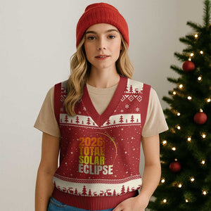 2026 Total Solar Eclipse August 12 V-Neck Knit Sweater Vest Totality Modern Space Graphic TS02 Red Beige Print Your Wear