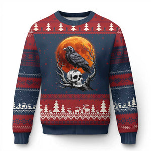 Gothic Raven on Skull Blood Moon Ugly Christmas Sweater Spooky Halloween Macabre Dark Art Graphic TS02 Navy Red Print Your Wear