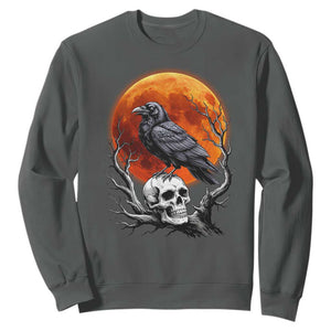 Gothic Raven on Skull Blood Moon Sweatshirt Spooky Halloween Macabre Dark Art Graphic TS02 Dark Heather Print Your Wear