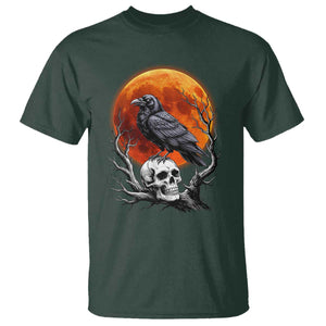 Gothic Raven on Skull Blood Moon T Shirt Spooky Halloween Macabre Dark Art Graphic TS02 Dark Forest Green Print Your Wear