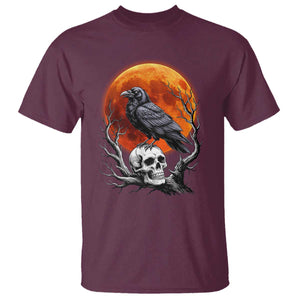 Gothic Raven on Skull Blood Moon T Shirt Spooky Halloween Macabre Dark Art Graphic TS02 Maroon Print Your Wear