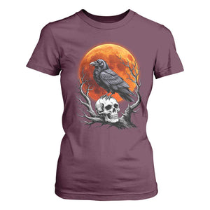 Gothic Raven on Skull Blood Moon T Shirt For Women Spooky Halloween Macabre Dark Art Graphic TS02 Maroon Print Your Wear